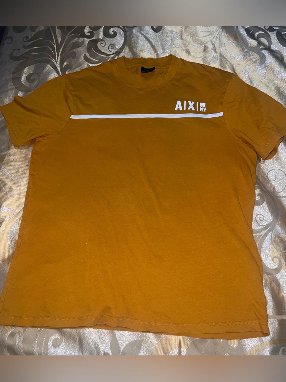 Armani Exchange men's ochre crew neck tee with white stripe